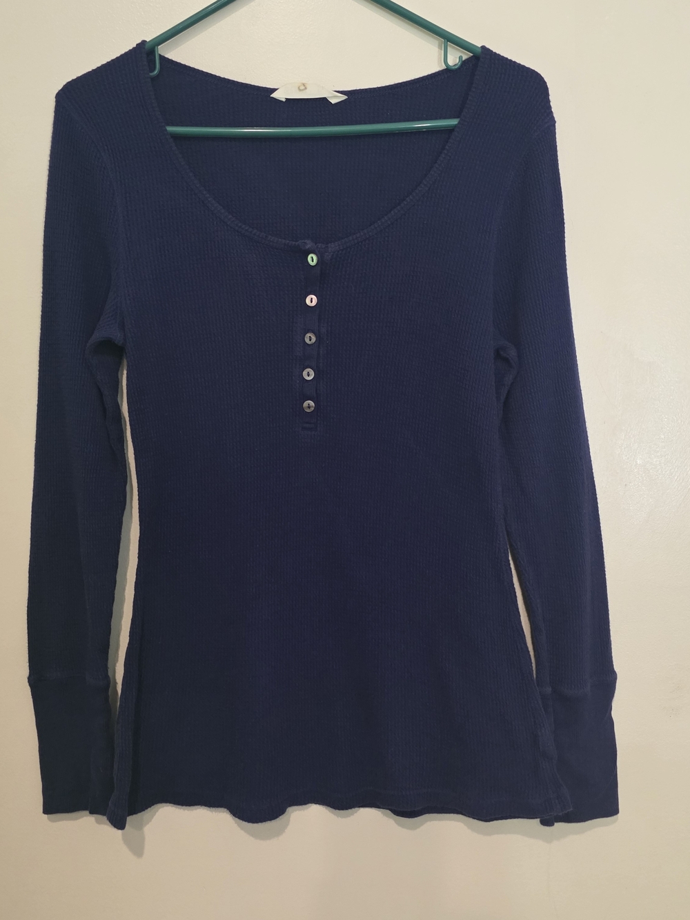Old Navy Women's Blue Waffle Knit Henley Long Sleeve Top Cotton Fall Cozy Size M